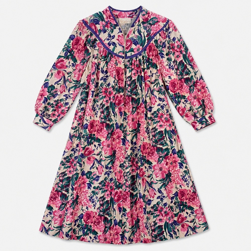 Vtg‎ Prairie Romance House coat Maxi Floral Dress Cottagecore Cachet Quilted